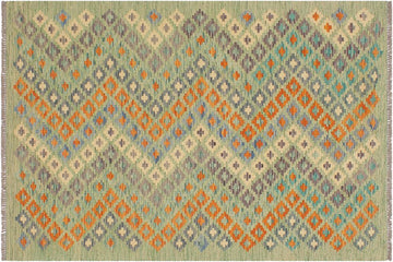 Flat Weave Kilim, Antique, Navaho, Vintage, Handmade, Modern Kilim Green Blue Hand-Woven Rectangle 100% Wool Area Rug 4 x 6